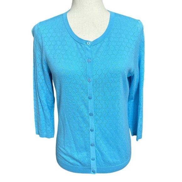 Talbots Sweaters - Talbots Cardigan Women M P Blue Button Up 3/4 Sleeve Round Neck Pointelle Knit